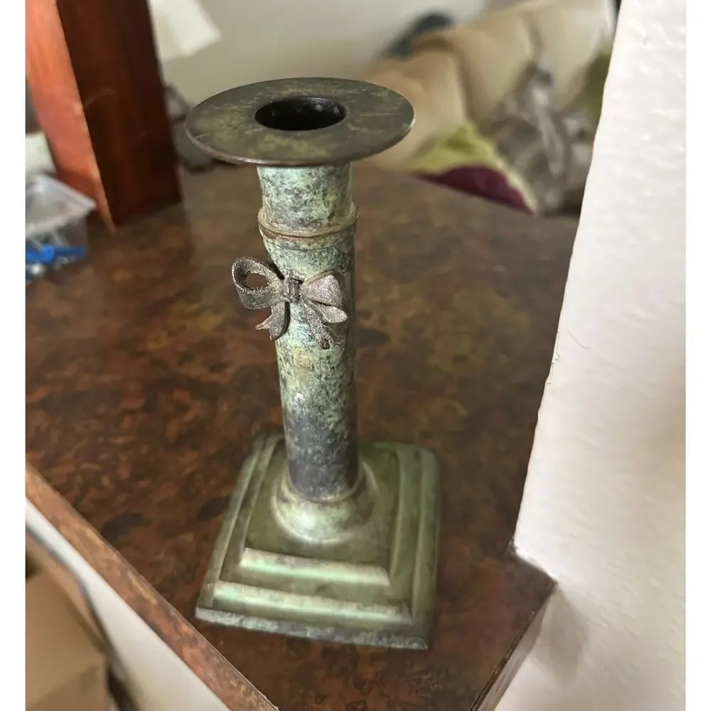Green Patina Vintage metal candle holder bow cottagecore candelabra Victorian